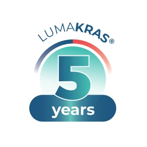 LUMAKRAS® (sotorasib) 5-year anniversary banner. Circular badge on the left reads 'LUMAKRAS 5 years.' Text on a blue gradient background states: 'LUMAKRAS® (sotorasib), a first-in-class KRASG12C inhibitor, was FDA approved with accelerated approval in May 2021.