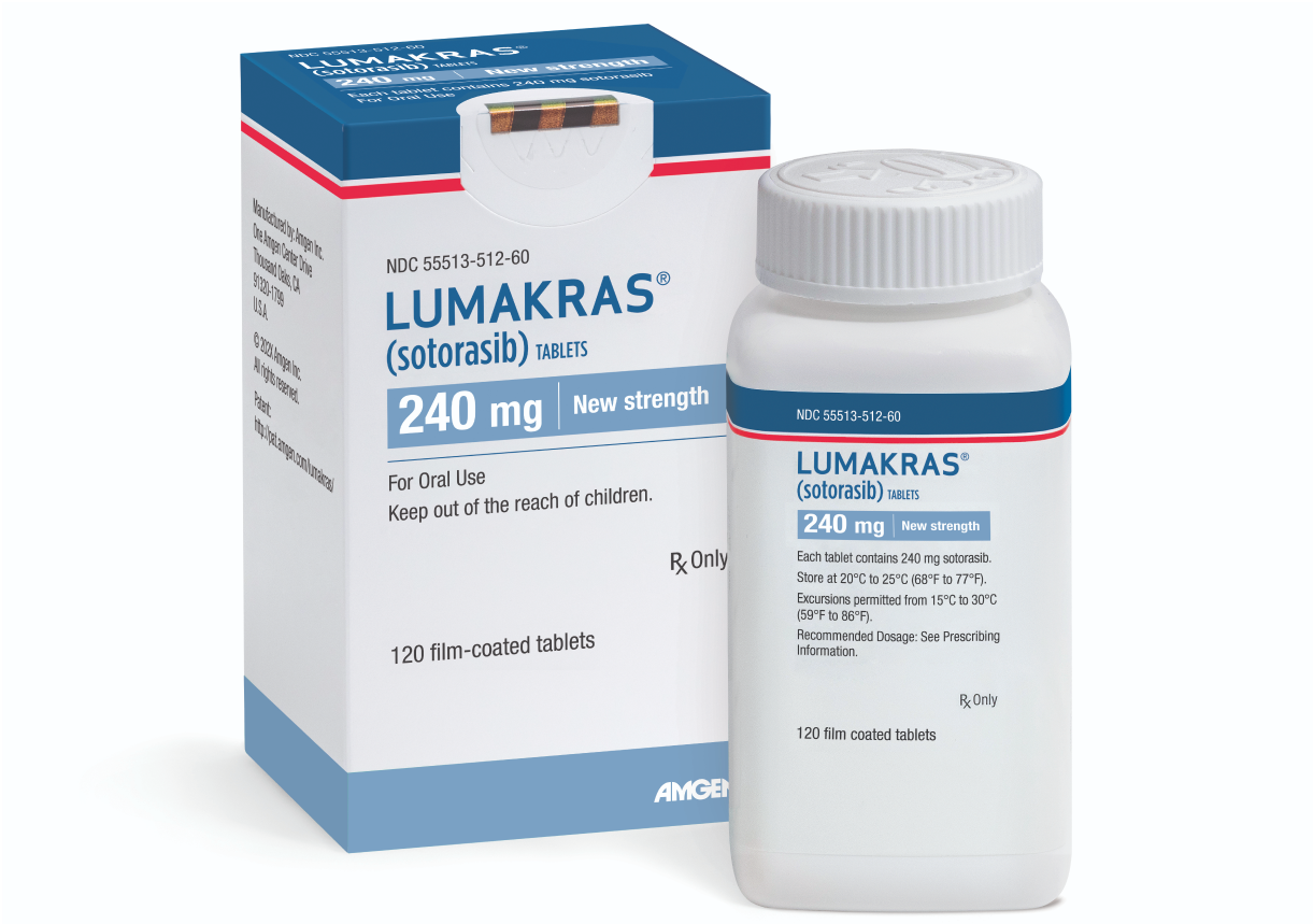 A white bottle of Lumakras tablets labeled 240 mg is placed in front of its box packaging. The design is blue, red, and white
